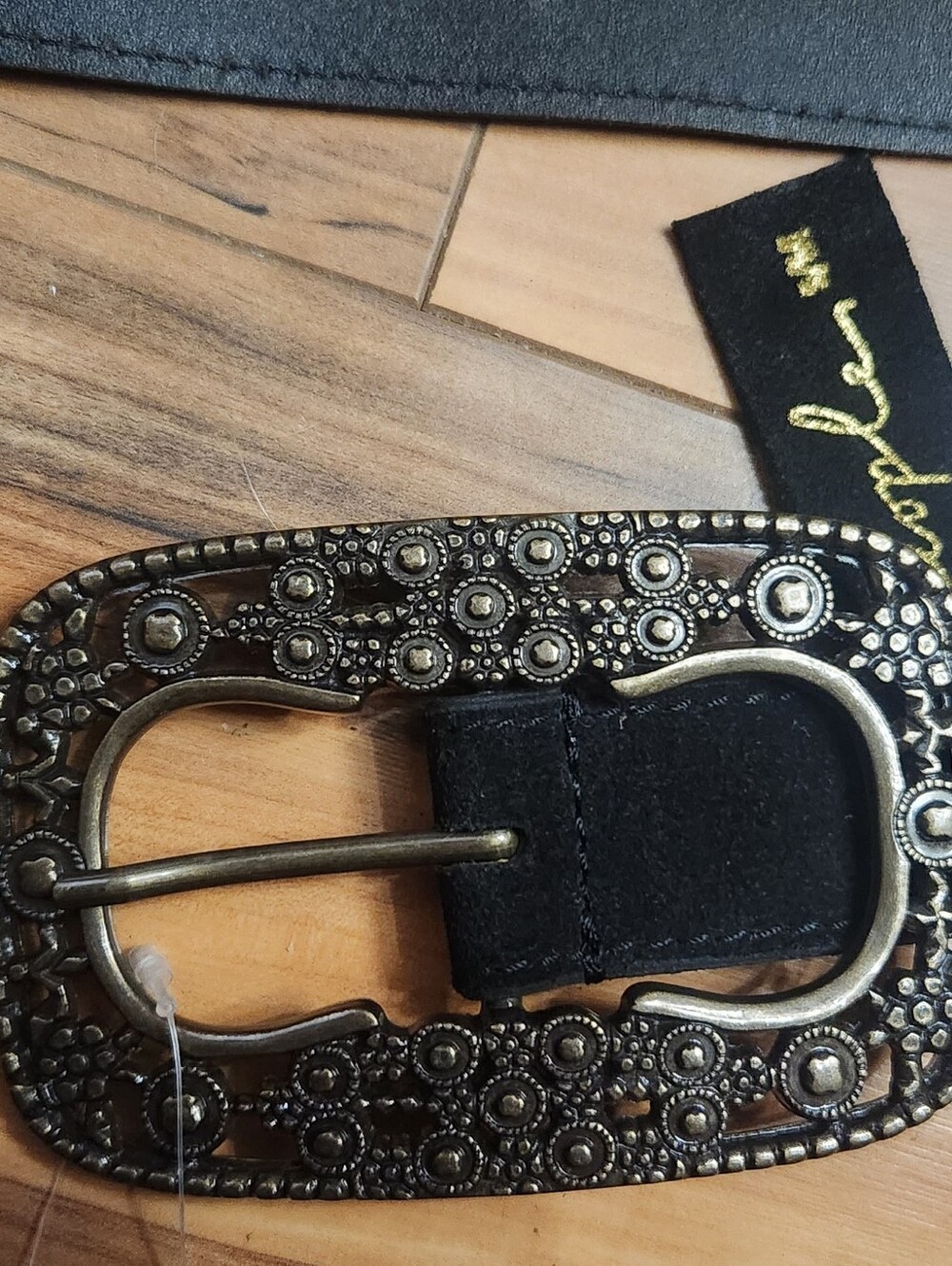 Free People Black Suede Western Boho Statement Belt Antique Brass Buckle